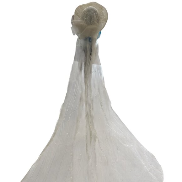 Bride Hat With Long Veil Vintage White With Pearl and Bling Beads Wedding Bridal - Picture 8 of 9